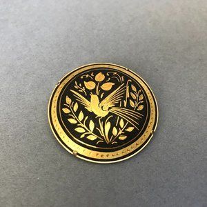 Vintage Damascene Botanical Bird Brooch
